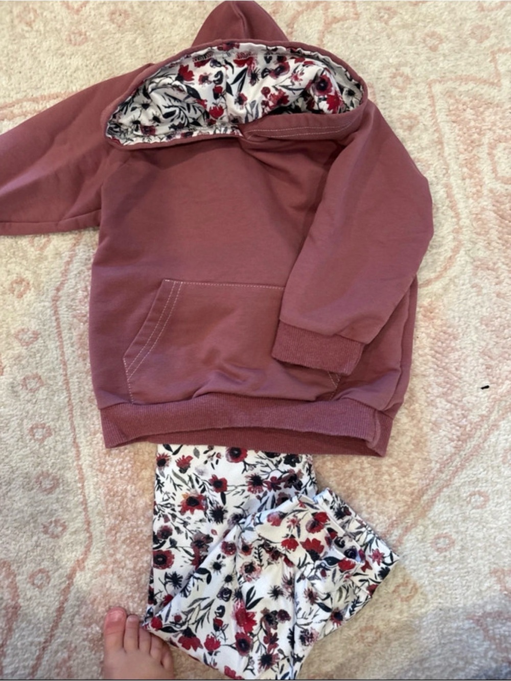 Kids Floral Leggings and Mauve Hoodie Set - Pink